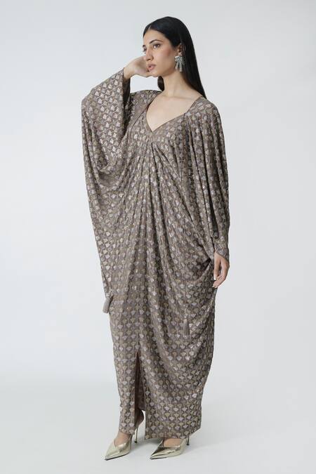 Buy_Chhaya Mehrotra_Brown Silk, Crepe Rhinestones V-neck Cement Embellished Kaftan 