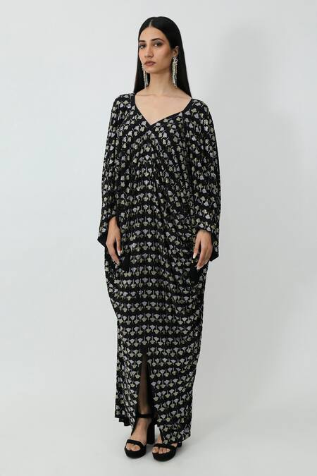 Chhaya Mehrotra_Black Silk Rhinestones V-neck Embellished Kaftan _Online_at_Aza_Fashions