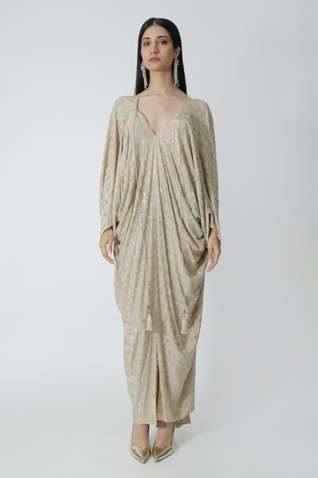 Shop_Chhaya Mehrotra_Beige Silk Rhinestones V-neck Gold Embellished Kaftan _at_Aza_Fashions