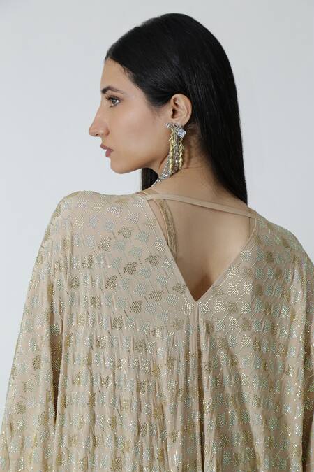 Chhaya Mehrotra_Beige Silk Rhinestones V-neck Gold Embellished Kaftan _Online_at_Aza_Fashions