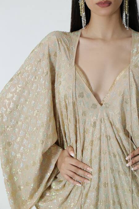 Buy_Chhaya Mehrotra_Beige Silk Rhinestones V-neck Gold Embellished Kaftan _Online_at_Aza_Fashions