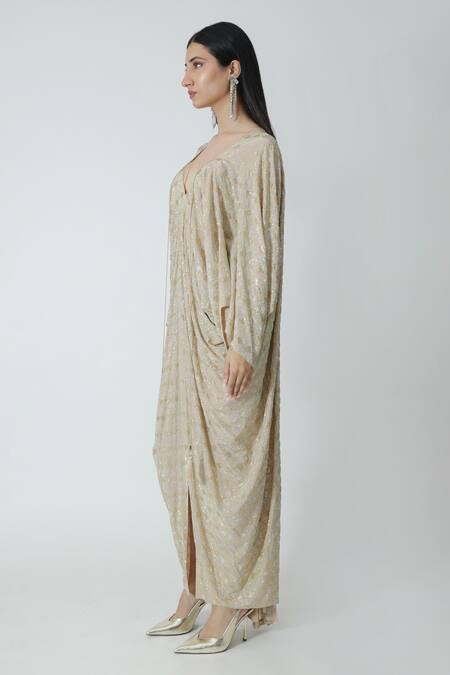 Shop_Chhaya Mehrotra_Beige Silk Rhinestones V-neck Gold Embellished Kaftan _Online_at_Aza_Fashions