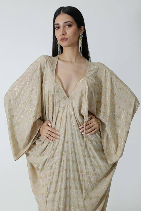 Chhaya Mehrotra_Beige Silk Rhinestones V-neck Gold Embellished Kaftan _at_Aza_Fashions