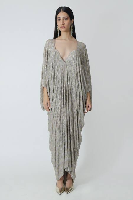 Chhaya Mehrotra_Silver Silk, Crepe Rhinestones V-neck Grey Embellished Kaftan _Online_at_Aza_Fashions