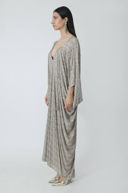 Buy_Chhaya Mehrotra_Silver Silk, Crepe Rhinestones V-neck Grey Embellished Kaftan _Online_at_Aza_Fashions