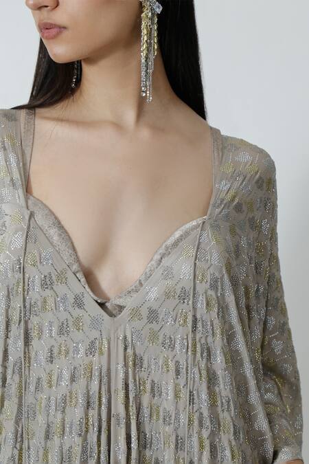 Shop_Chhaya Mehrotra_Silver Silk, Crepe Rhinestones V-neck Grey Embellished Kaftan _Online_at_Aza_Fashions