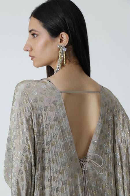 Chhaya Mehrotra_Silver Silk, Crepe Rhinestones V-neck Grey Embellished Kaftan _at_Aza_Fashions