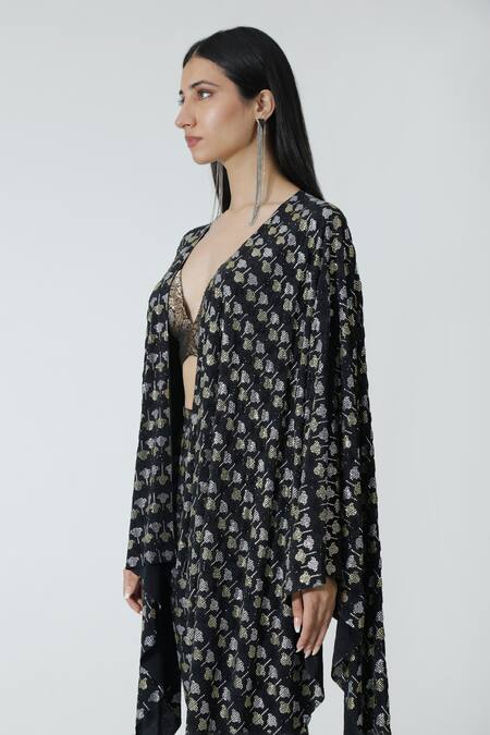 Chhaya Mehrotra_Black Brocade, Silk Rhinestones V-neck Embellished Cape Pant Set _Online_at_Aza_Fashions