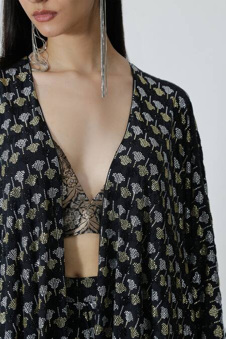 Buy_Chhaya Mehrotra_Black Brocade, Silk Rhinestones V-neck Embellished Cape Pant Set _Online_at_Aza_Fashions