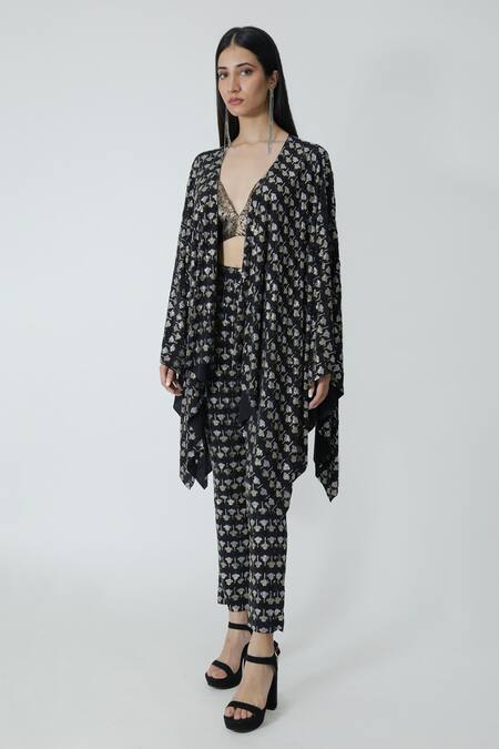 Shop_Chhaya Mehrotra_Black Brocade, Silk Rhinestones V-neck Embellished Cape Pant Set _Online_at_Aza_Fashions
