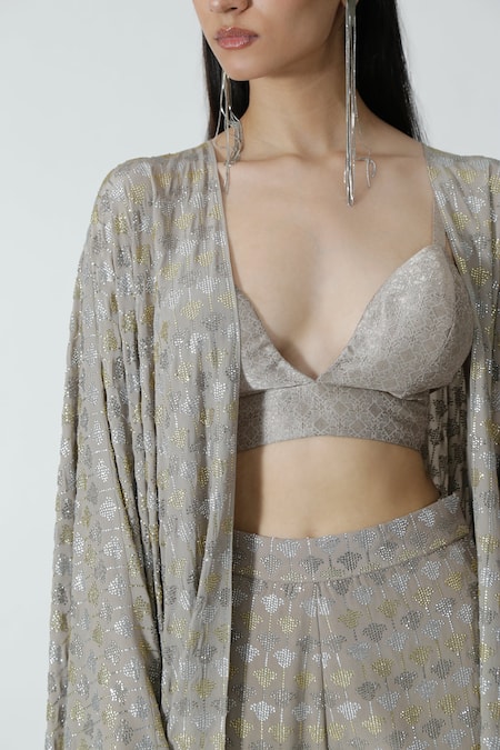 Chhaya Mehrotra_Silver Brocade Embroidery Sweetheart Geometric Patterned Sleeveless Bralette _Online_at_Aza_Fashions