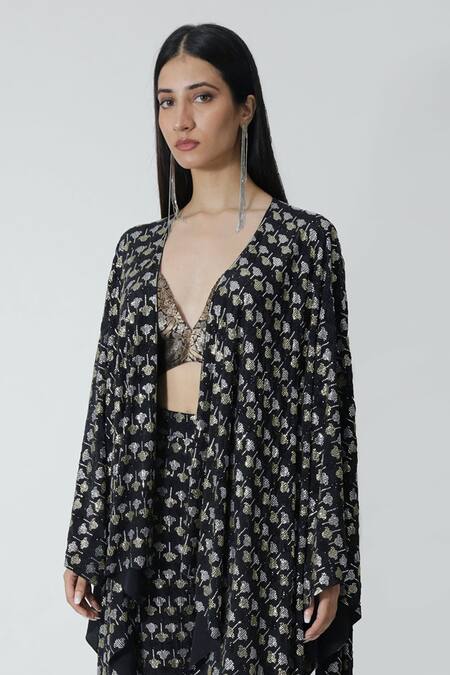 Chhaya Mehrotra Black Brocade Embroidery Sweetheart Neck Floral Bralette Online at Aza Fashions Chhaya Mehrotra_Black Brocade Embroidery Sweetheart Neck Floral Bralette _Online_at_Aza_Fashions