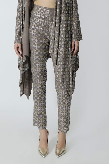 Chhaya Mehrotra Gray Brocade, Silk Rhinestones Sweetheart Neck Geometric Cape Pant Set Online at Aza Fashions Chhaya Mehrotra_Gray Brocade, Silk Rhinestones Sweetheart Neck Geometric Cape Pant Set _Online_at_Aza_Fashions