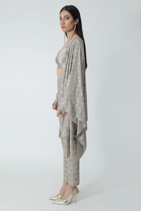 Shop_Chhaya Mehrotra_Silver Rhinestone Embellished Asymmetric Cape _Online_at_Aza_Fashions