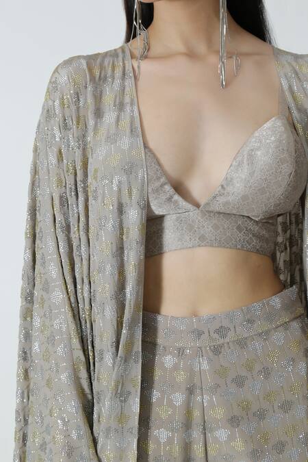 Chhaya Mehrotra_Silver Rhinestone Embellished Asymmetric Cape _at_Aza_Fashions