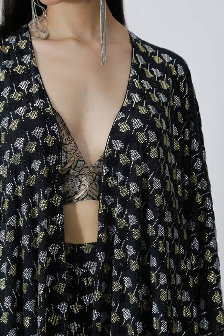 Shop_Chhaya Mehrotra_Black Rhinestone Embellished Cape _Online_at_Aza_Fashions