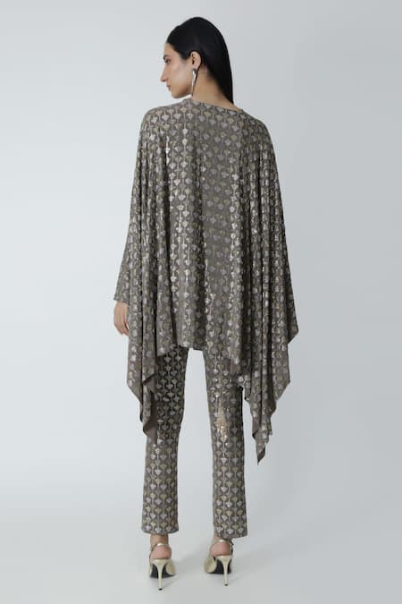 Shop_Chhaya Mehrotra_Brown Cement Rhinestone Embellished Cape _at_Aza_Fashions