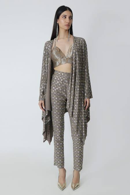 Chhaya Mehrotra_Brown Cement Rhinestone Embellished Cape _Online_at_Aza_Fashions