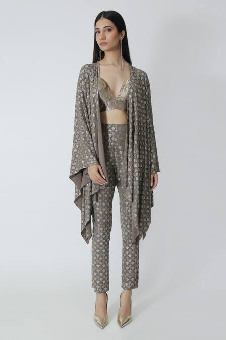Buy_Chhaya Mehrotra_Brown Cement Rhinestone Embellished Cape _Online_at_Aza_Fashions