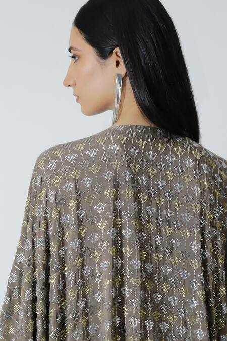 Buy_Chhaya Mehrotra_Brown Cement Rhinestone Embellished Cape 