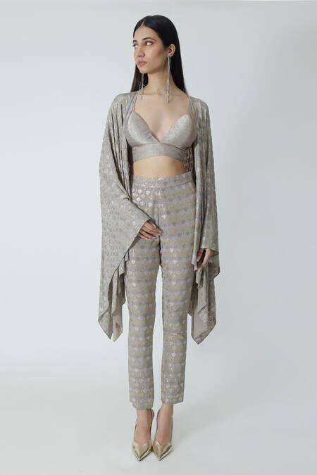 Chhaya Mehrotra_Silver Silk, Crepe Rhinestones Geometric Embellished Pant _Online_at_Aza_Fashions