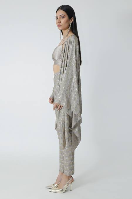 Shop_Chhaya Mehrotra_Silver Silk, Crepe Rhinestones Geometric Embellished Pant _Online_at_Aza_Fashions