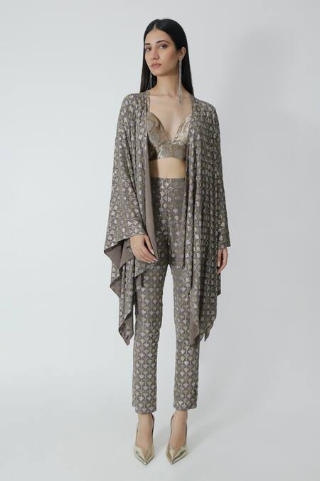 Chhaya Mehrotra_Brown Silk, Crepe Rhinestones Embellished Straight Pant _Online_at_Aza_Fashions