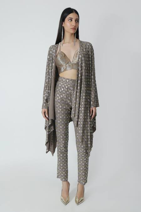 Shop_Chhaya Mehrotra_Brown Silk, Crepe Rhinestones Embellished Straight Pant _Online_at_Aza_Fashions