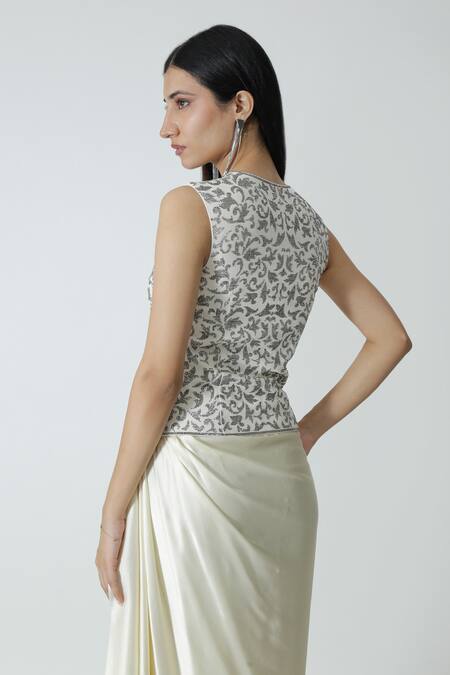 Buy_Chhaya Mehrotra_Ivory , Satin Rhinestones V-neck Embellished Waistcoat And Skirt Set _Online_at_Aza_Fashions