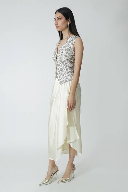 Shop_Chhaya Mehrotra_Ivory , Satin Rhinestones V-neck Embellished Waistcoat And Skirt Set _Online_at_Aza_Fashions