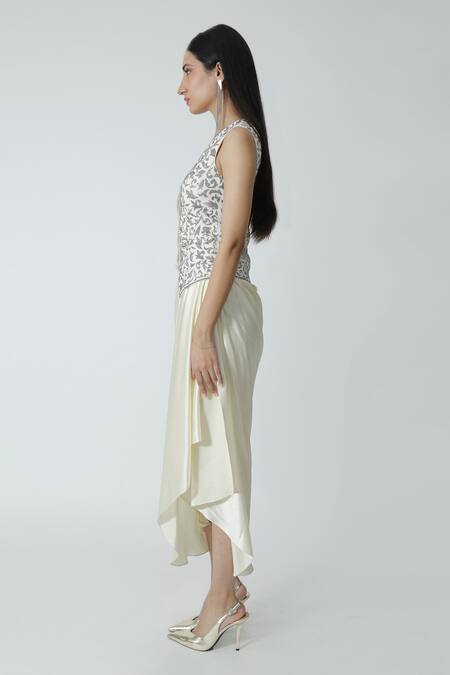 Chhaya Mehrotra_Ivory , Satin Rhinestones V-neck Embellished Waistcoat And Skirt Set _at_Aza_Fashions