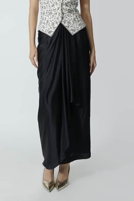 Chhaya Mehrotra Black Satin, Floral Embellished Waistcoat And Draped Skirt Set Online at Aza Fashions Chhaya Mehrotra_Black Satin, Floral Embellished Waistcoat And Draped Skirt Set _Online_at_Aza_Fashions
