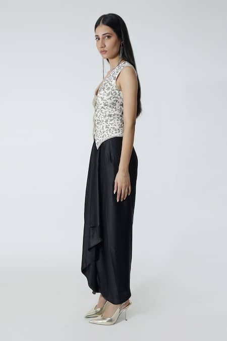 Buy_Chhaya Mehrotra_Black Satin, Floral Embellished Waistcoat And Draped Skirt Set _Online_at_Aza_Fashions