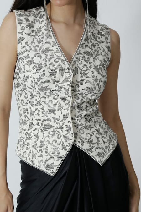 Shop_Chhaya Mehrotra_Black Satin, Floral Embellished Waistcoat And Draped Skirt Set _Online_at_Aza_Fashions