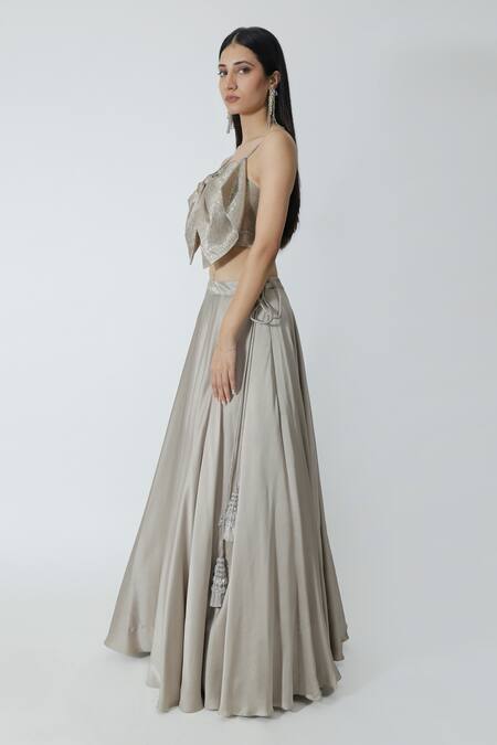Buy_Chhaya Mehrotra_Silver Brocade, Silk Satin Bows, Embroidery Plain Lehenga With Floral Blouse _Online_at_Aza_Fashions
