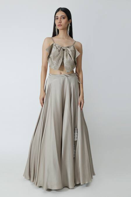 Shop_Chhaya Mehrotra_Silver Brocade, Silk Satin Bows, Embroidery Plain Lehenga With Floral Blouse _Online_at_Aza_Fashions