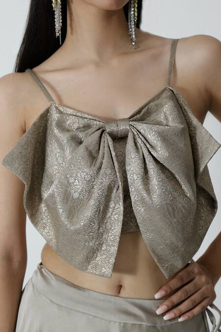 Chhaya Mehrotra_Silver Brocade, Silk Satin Bows, Embroidery Plain Lehenga With Floral Blouse _at_Aza_Fashions