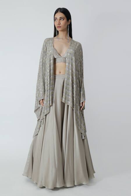 Chhaya Mehrotra_Silver Brocade, Silk Satin Rhinestones Sweetheart Neck Grey Cape Lehenga Set _Online_at_Aza_Fashions
