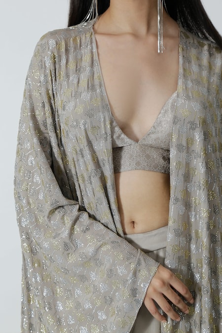 Buy_Chhaya Mehrotra_Silver Brocade, Silk Satin Rhinestones Sweetheart Neck Grey Cape Lehenga Set _Online_at_Aza_Fashions