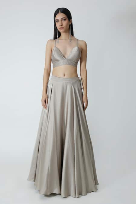 Shop_Chhaya Mehrotra_Silver Brocade, Silk Satin Rhinestones Sweetheart Neck Grey Cape Lehenga Set _Online_at_Aza_Fashions