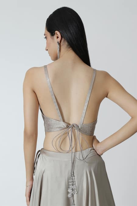 Buy_Chhaya Mehrotra_Silver Brocade, Silk Satin Rhinestones Sweetheart Neck Grey Cape Lehenga Set 