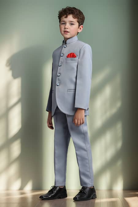 Petite Pomme_Blue Polyester Sky Solid Jodhpuri And Pant Set _at_Aza_Fashions