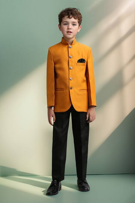 Shop Petite Pomme Yellow Polyester Ochre Jodhpuri Set With Trouser Online at Aza Fashions Shop_Petite Pomme_Yellow Polyester Ochre Jodhpuri Set With Trouser_Online_at_Aza_Fashions