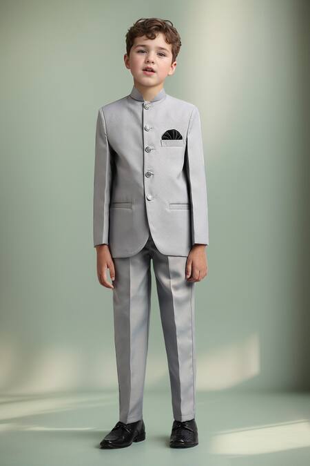 Buy Petite Pomme Gray Polyester Solid Button Down Jodhpuri And Trouser Set Buy_Petite Pomme_Gray Polyester Solid Button Down Jodhpuri And Trouser Set