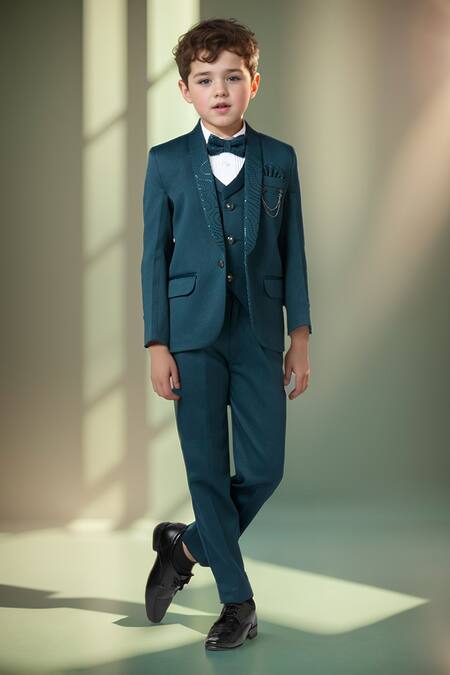 Buy Petite Pomme Blue Polyester, Cotton Sequins Embellished Blazer Trouser Set Buy_Petite Pomme_Blue Polyester, Cotton Sequins Embellished Blazer Trouser Set