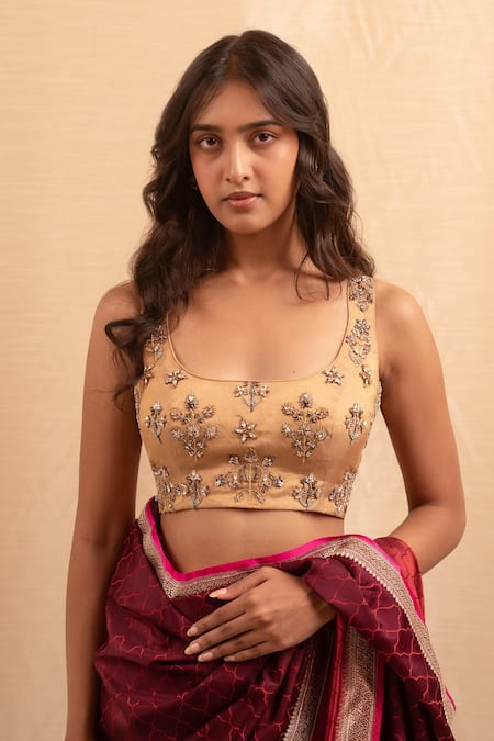 Priyanka Raajiv Gold Silk, Tissue Zari, Beads, Crystals Scoop Zardozi Hand Embroidered Blouse at Aza Fashions Priyanka Raajiv_Gold Silk, Tissue Zari, Beads, Crystals Scoop Zardozi Hand Embroidered Blouse _at_Aza_Fashions
