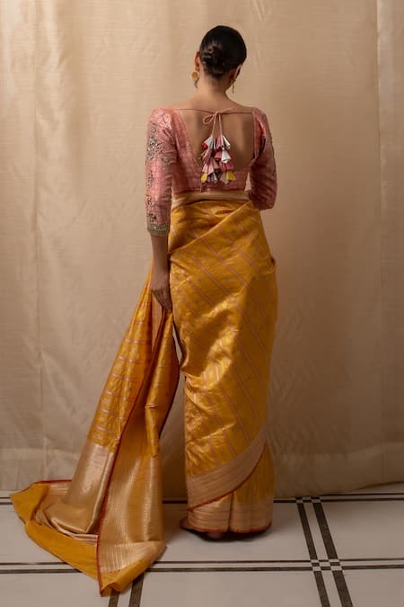 Shop Priyanka Raajiv Coral Silk, Brocade Crystals, Sequins Asymmetric Embroidered Blouse at Aza Fashions Shop_Priyanka Raajiv_Coral Silk, Brocade Crystals, Sequins Asymmetric Embroidered Blouse _at_Aza_Fashions