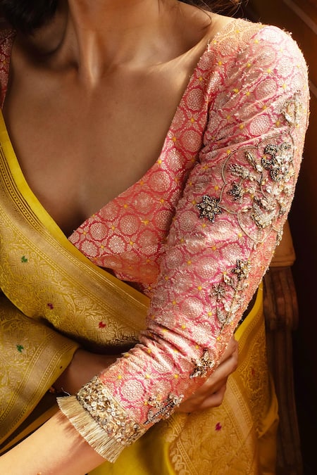 Priyanka Raajiv Coral Silk, Brocade Crystals, Sequins Asymmetric Embroidered Blouse Online at Aza Fashions Priyanka Raajiv_Coral Silk, Brocade Crystals, Sequins Asymmetric Embroidered Blouse _Online_at_Aza_Fashions