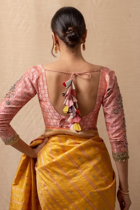 Priyanka Raajiv Coral Silk, Brocade Crystals, Sequins Asymmetric Embroidered Blouse at Aza Fashions Priyanka Raajiv_Coral Silk, Brocade Crystals, Sequins Asymmetric Embroidered Blouse _at_Aza_Fashions