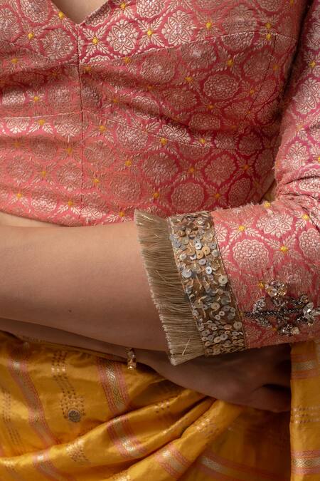 Buy Priyanka Raajiv Coral Silk, Brocade Crystals, Sequins Asymmetric Embroidered Blouse Buy_Priyanka Raajiv_Coral Silk, Brocade Crystals, Sequins Asymmetric Embroidered Blouse